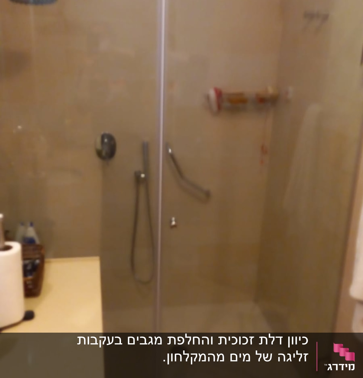 מקלחת עם דלת זכוכית, ראש מקלחת ומדף סבונים
